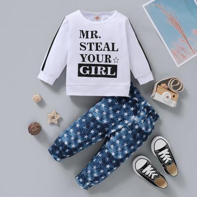 China Factory wholesale breathable new 2021 seasons long-sleeved letter printing star pants baby two-piece suit for sale