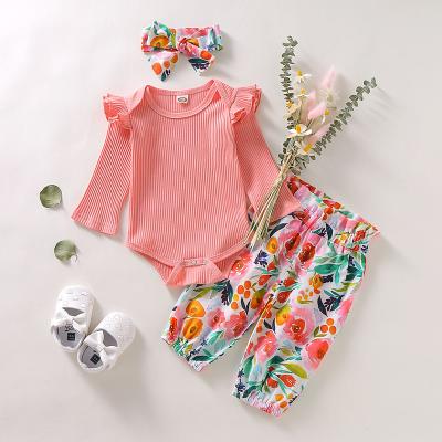 China Factory direct sale breathable spring and autumn baby romper printed pants and scarf set three-piece suit for sale