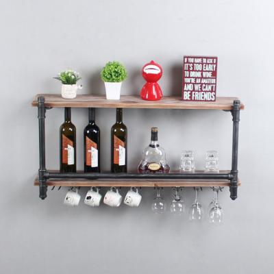 China Rustic Industrial Rustic Solid Wood Shelf Wine Rack Pine Kitchen Wine Rack 2 Tier Wine Rack For Wine Glasses for sale