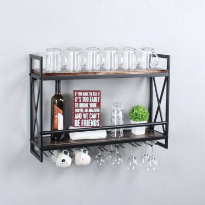 China High Quality Solid Black Wood Square Shelf Industrial Rustic Pine Wall Rack 2 Layer Metal Wine Rack for sale