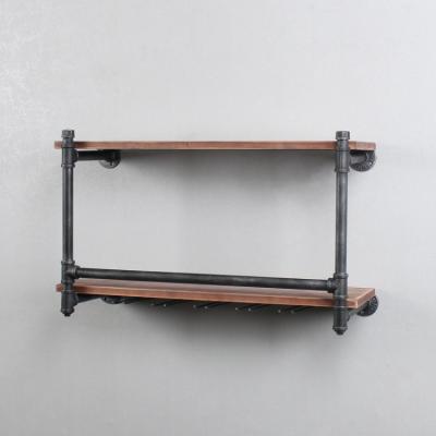 China High Quality Rustic Industrial Iron 2 Tier Wall Rack Shelf Cube Float Glass Solid Wood Display Cabinet For Store Shopping for sale