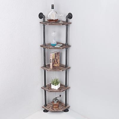 China Industrial Rustic Large Corner Shelf Vintage Living Room Metal Display Showroom Wall Pine Shelf 5 Tier Solid Storage Rack for sale