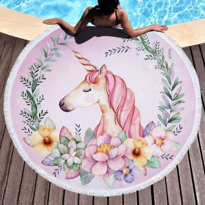 China OEM Service Microfiber Rainbow Unicorn Design Tassel Round Beach QUICK DRY Towel for sale