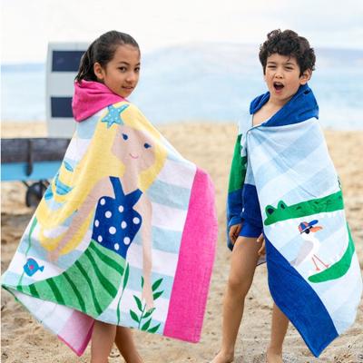 China Wholesale Cotton QUICK DRY Cute Beach Cartoon Animals Printed Hooded Ponchos Kids Towel for sale