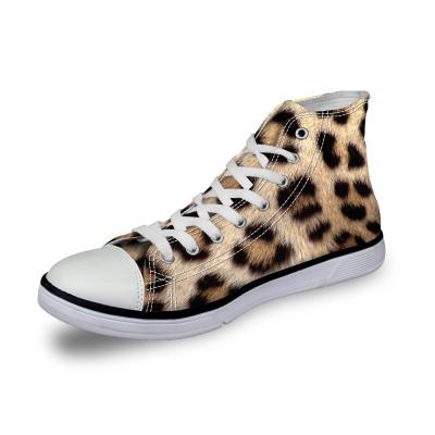 China Lightweight custom leopard print women vulcanize high top casual lace up canvas shoes sneakers for mens flats for sale