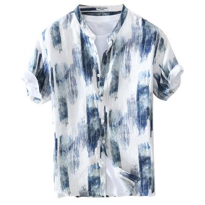 China Anti-pilling Men's Button Up Stand Mandarin Collar Short Sleeve Canvas Printed Casual Shirts for sale