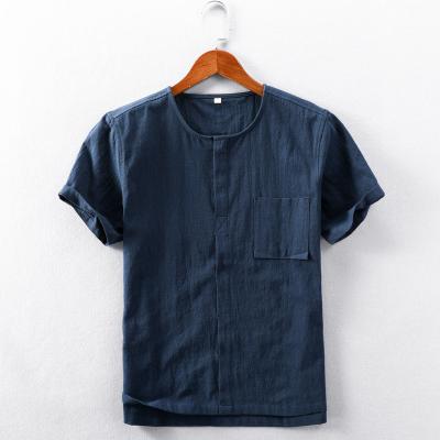 China Anti-wrinkle OEM ODM 55% Cotton 45% Hemp Solid Short Sleeve Men's Hidden Button Casual Shirt for sale