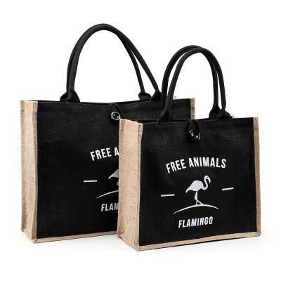 China Eco-Friendly Wholesale Running Printing Logo Large Black Jute Canvas Tote Beach Bag for sale