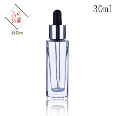 China Cosmetic Bottle 1oz Square Clear Square Clear Essential Oil Dropper Glass Bottle For Essential Oil for sale