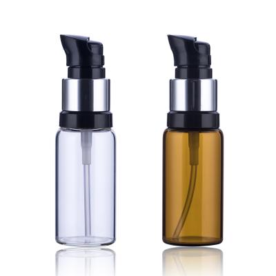 China Wholesale Cosmetic Sample Glass Bottle 5ml 20ml Mini Essential Oil Amber Glass Vial With Inner Plug And Pump for sale