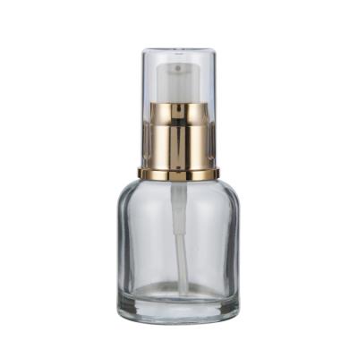 China Personal Care Good Price Most Popular 30ml Frost Round Shape Clear Glass Cosmetic Pump Bottle For Essential Oil Liquid Foundation / Oral Liquid for sale