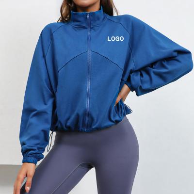 China 2022 Spring New High Collar Fitness Sports Women Sweater Breathable Drawstring Long Sleeve Loose Sweater Jacket for sale