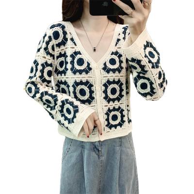 China New Arrival Breathable High Quality Ladies Long Sleeve Crochet Tank Top Cardigan Sweater With Geometric Pattern Women Crochet Top for sale