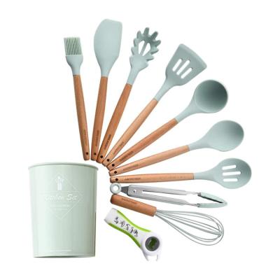 China High Quality Easy Organized Wooden Handle Kitchen Utensil Stored Cooking Set of 9 with a Plastic Holder for sale