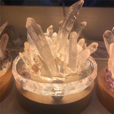 China India Factory Wholesale Natural LED USB Crystal Light Cluster Quartz Crystals Dots With Wooden Base Decor for sale