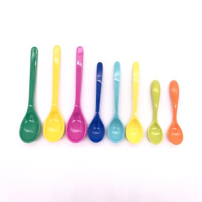 China Custom Design Stocked Printed Logo Colorful Melamine Plastic Baby Spoon for sale