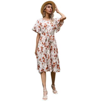 China Fashion Vintage Floral Print Ruffles Short Sleeve Midi Pleated Korean Summer Casual Outfits Line One for sale