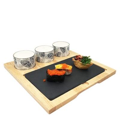 China Sustainable Solid Color Rectangular Ceramic Cheese Cutting Board Set With Bamboo Bowl for sale