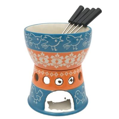 China High Quality Viable Hand Painting Ceramic Chocolate Fondue Set Cheese Fondue With Fork for sale