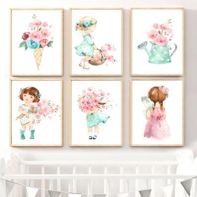 China Waterproof Cute Baby Rose Umbrella Nordic Kids RoomHome Decor Picture Posters Canvas Nursery Wall Art Prints for sale