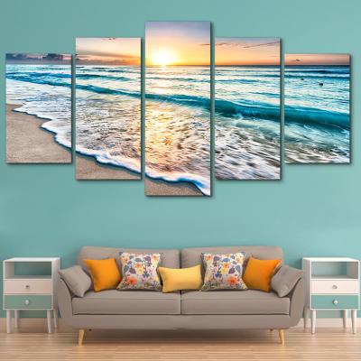 China Waterproof+ECO-Friendly 5 Panel Waves On The Beach At Sunset Seascape Canvas Pictures Ocean Wall Art for sale