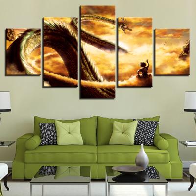 China Modern HD Prints Canvas Pictures Dragon Ball Goku Ride Shenron Modern Printed Canvas Wall Art 5 Panel for sale