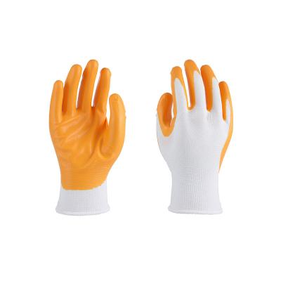 China Wearable comfort; CE 13G White Wet And Oily Coating Environmental Guantes Good Orange Nitrile Grip Coated Anti Abrasion Anti Slip Work Protective Gloves for sale