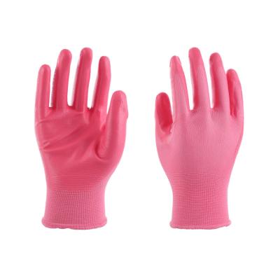 China Wearable comfort; CE 13G Wet And Oily Pink Coating Environmental Guantes Good Pink Nitrile Grip Coated Anti Abrasion Anti Slip Work Protective Gloves for sale