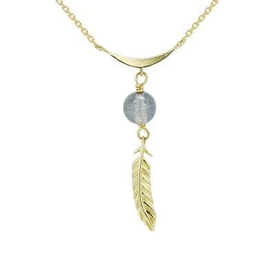 China FASHIONABLE natural fine solid lot natural 9K yellow gold feather jewelry labradorite feather jewelry fast shipping for sale