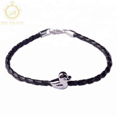 China CLASSIC Black 3mm Braided Leather 925 Sterling Silver Duck Charms Special Slap Bracelet for sale