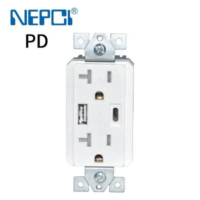 China US NEMA 5-15R GFCI USB Wall Outlet Residential / General Purpose Plug With A.C. PD Charging Ports 20W 15A Duplex TR Type XJY-USB-31-A/C NEPCI Receptacles for sale