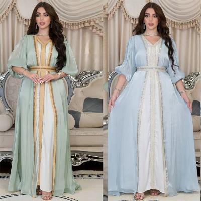 China AB266 Soild satin robe women muslim abaya TRANSLUCENT elegant turkish turkey dubai party islamic clothing2023eid 2 piece set for sale