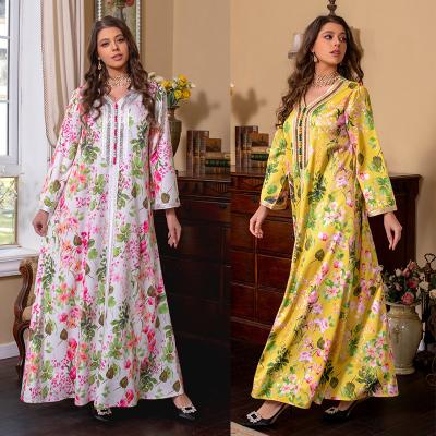 China AB270Yellow TRANSLUCENT satin print turkey dresses muslim women clothing fashion kaftan dress long floral muslim women abaya Dubai 2022 for sale