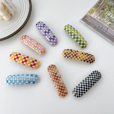 China Environmentally Friendly Hot Selling INS Acetate Hair Clips 8.5cm Plaid Hair Clips Elliptical Single Spring Integrated Hair Clips For Women for sale