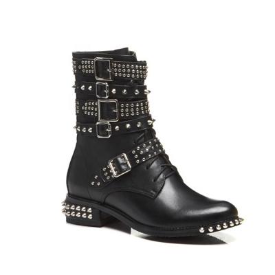 China Steel Toe OEM/ODM Chunky Heels Ankle Boots Motorcycle Studded Matte Black Genuine Leather Martin Boots For Women for sale