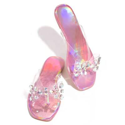 China 2021 Fashion Trend New Arrival Shinning Rhinestone Flat Shoes Plus Peep Toe Outdoor Casual Women Slippers Size 43 Square for sale