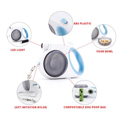 China Thoughtful Multifunctional Retractable Dog Leash With Biodegradable Lithium Battery Light Poop Bag Feeding Bowl for sale