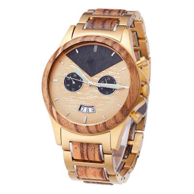 China Diseño minimalista del reloj de madera de la cebra con la banda de madera de acero plateada oro en venta