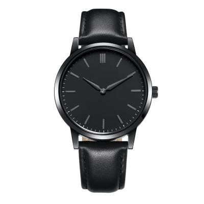 China PVD Black Plated Luxury Mens Quartz Watch Black Leather Waterproof Watch for sale