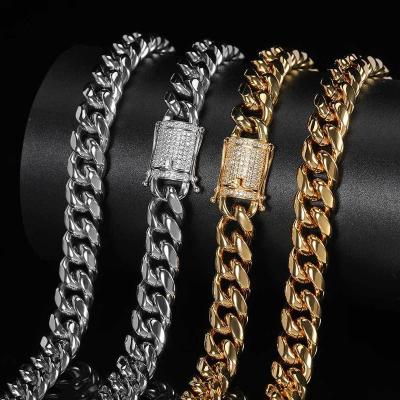 China Hiphop Iced Out 12mm 18nch 14K Gold Plated Miami Stainless Steel Chain Necklace Men's Cuban Hip Hop Mens Jewelry for sale