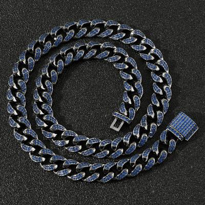 China Hiphop Drop Shipping NO MOQ 1 PC 12mm 18inch Gold Plated Dark Blue Diamond Iced Out Black Plated Mens Cuban Link Chain for sale