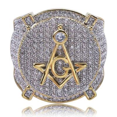 China 1PC Casual/Sporty Drop Shipping Hip Hop AG Freemason CZ Diamond Rings 14K Gold Plated Jewelry Iced Out Mens Rings For Men for sale