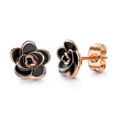 China Nickel Free Elegant Tasty Gold Plated Black Rose Flower Stud Earrings For Women for sale