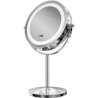 China Lighted Double Sided Round Magnifying Mirror Standing 360 Degree Swivel LED Cosmetic Mirror for sale