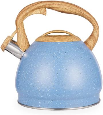 China 2.7 Liter Tea Kettle Pattern Handle Food Grade Stainless Steel Noisy Whistling Wooden Blue Teapot For Tea for sale