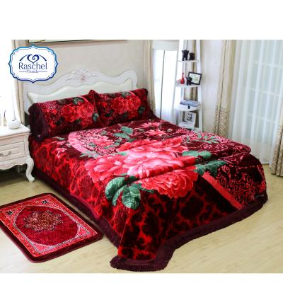 China Flame Retardant 100% Polyester Raschel Embossed Mink Korean Blanket 4pcs Bedspread Set for sale