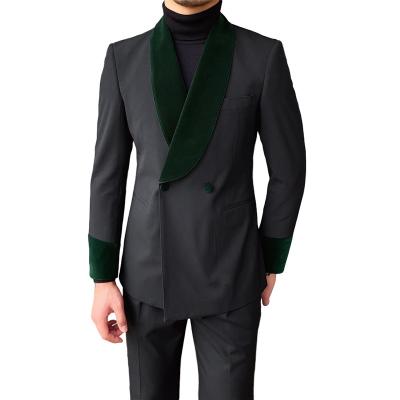 China New wedding banquet suit formal green fruit coat collar suit men's slim fit velvet suit splicing simple fashion for sale