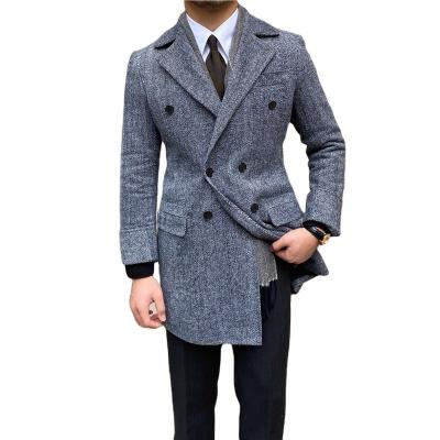 China Anti-Wrinkle Mens Woolen Mid Length Notch Collar Double Breasted Herringbone Coat Premium Casual Coat Men Coat for sale