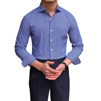 China New Fashion Business Casual Dress Shirt British Style Blue Striped Stand Collar Anti-pilling Long Sleeve Men's Shirt for sale