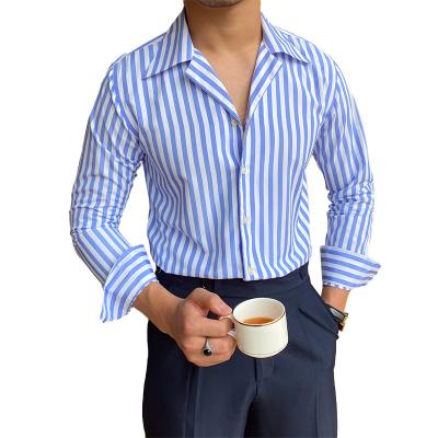 China Vintage Guaranteed Quality Mens Cuban Shirt Jacket Business Striped Shirt Mens With Two Patch Pockets for sale